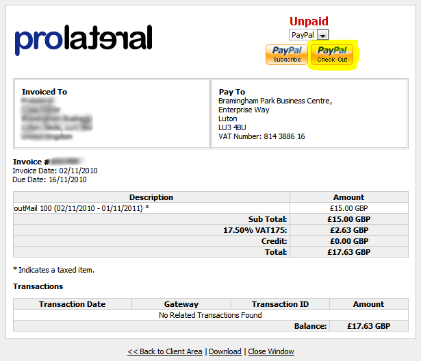Prolateral Invoice, payment by PayPal