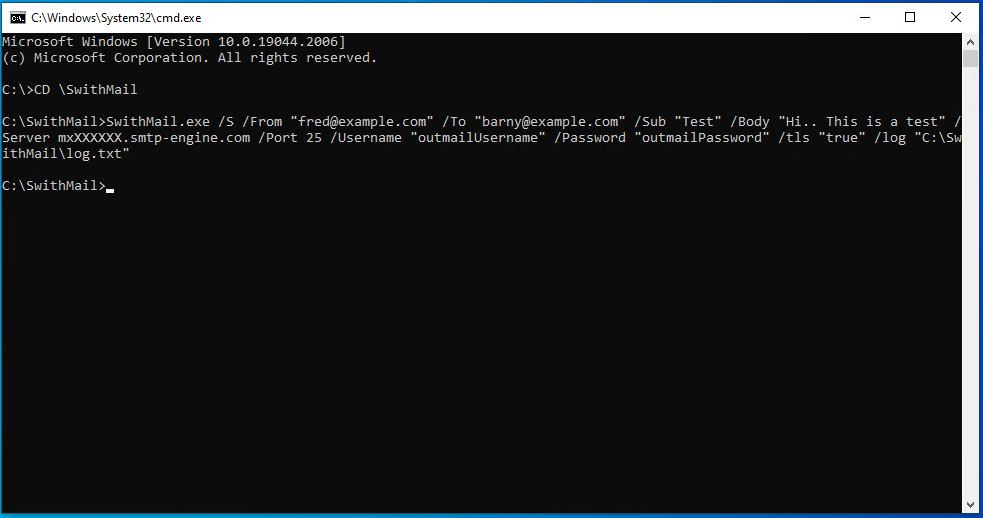 Windows Command Prompt showing SwithMail cli sending an email with outmail